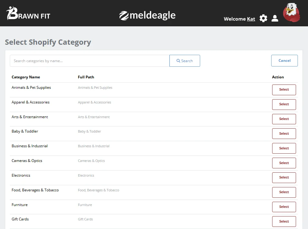 Shopify category selection interface
